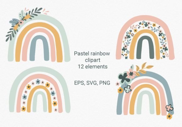 Boho Rainbow Floral Clipart. EPS SVG PNG