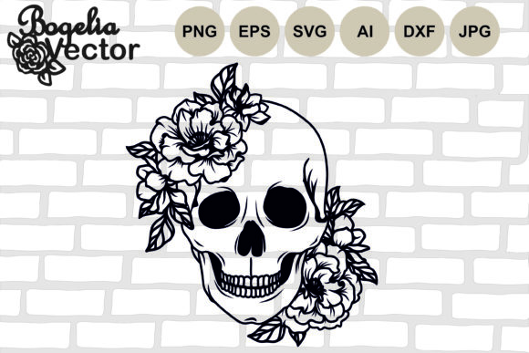 Skull with Flowers Halloween Graphics for Crafts and Branding