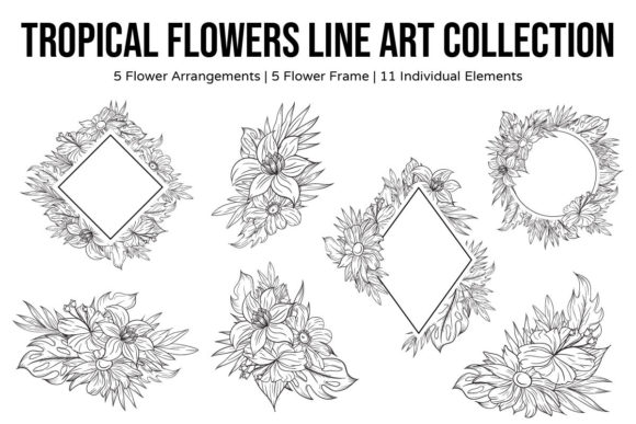Tropical Flower Line Art Collection Set for Graphics and Crafts